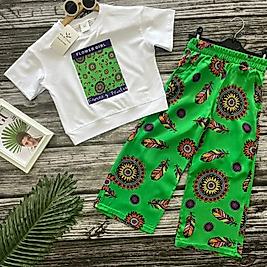 Yeşil Renk Desenli Kız Çocuk Takım