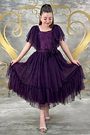 Mürdüm Pulpayetli Tüllü Garsonboy Kız Çocuk Abiye 10/14 Yaş arası