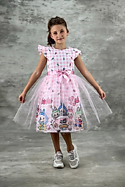 Labubu Karakterli Tül Detaylı Çocuk ELbise Pembe