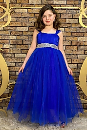 Saksmavisi Beli Pul Detaylı Tam Boy Çocuk Abiye Gösteri ve Parti Elbisesi