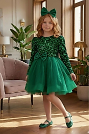 Kadife Payetli Uzun Kollu Kabarık Yeşil Çocuk Abiye 2/12 yaş arası abiye