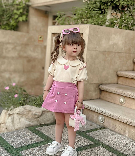 Pembe Renk Şort Etekli Kalp Nakışlı Kız Çocuk İkili Kombin