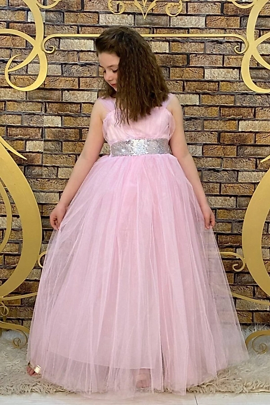 Tozpembe Beli Pul Detaylı Tam Boy Çocuk Abiye Gösteri ve Parti Elbisesi