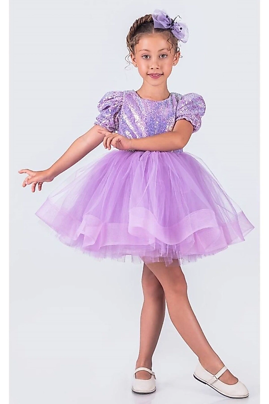 Lila Payetli Kısa Kollu Balo Gösteri Kıyafeti 23 Nisan Çocuk Abiyesi