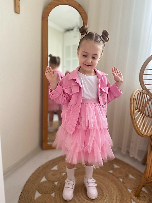 Pembe Renk Kot Ceketli Nakış İşlemeli Mor Etekli Üçlü Kombin