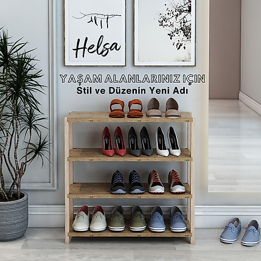 Helsa 4 Katlı Ahşap Ayakkabılık / Dekoratif Raf / Çok Amaçlı Kullanım (Atlantik Çam)