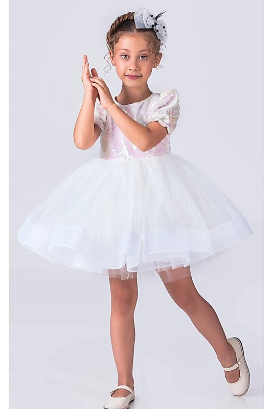 Beyaz Payetli Kısa Kollu Balo Gösteri Kıyafeti 23 Nisan Çocuk Abiyesi