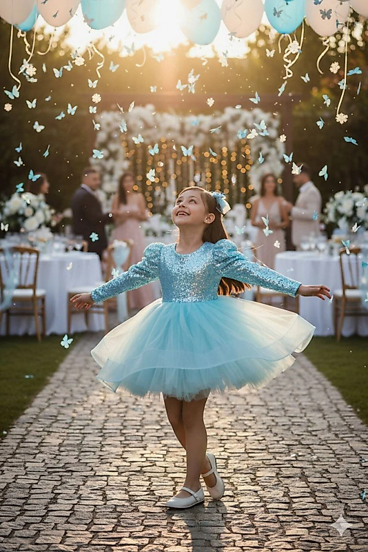 Turkuaz Balon Omuz Kollu Payetli Balo Gösteri Kıyafeti