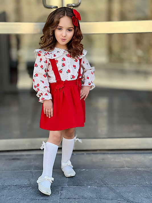 Kırmızı Renk Jile Bebe Yaka Çiçek Basklı Toka Hediyeli Kız Çocuk Kombin