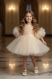 Ponponlu Kollu Gül Kabartmalı Çocuk Abiye Elbise