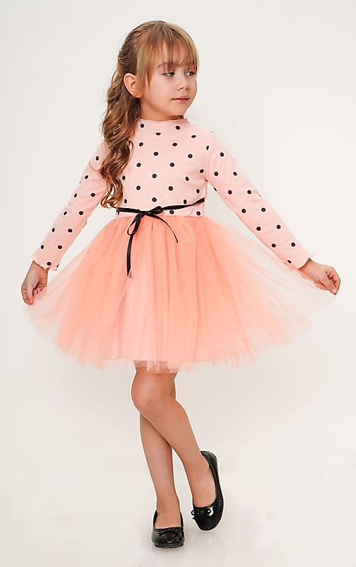 Minik Puanlı Tüllü Pudra Çocuk Elbise