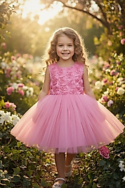 3D Gül Kabartmalı Tüllü Pembe Çocuk Abiye 2/12 yaş arası Abiye