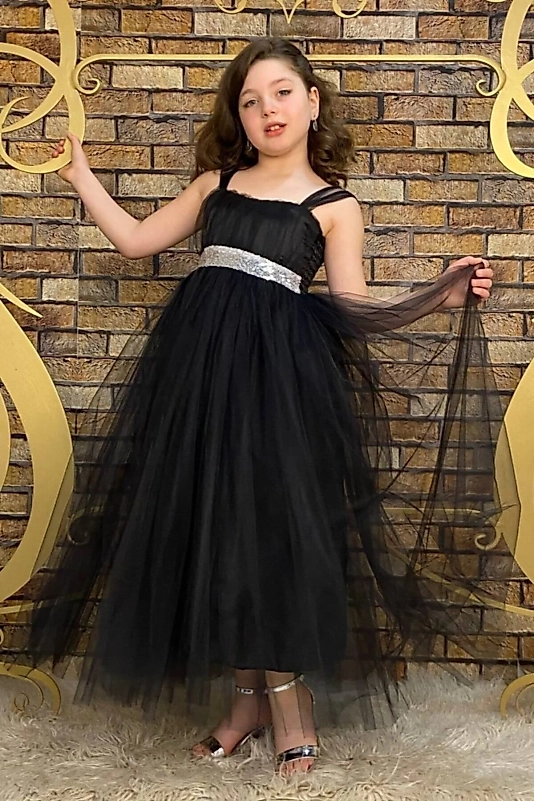 Siyah Beli Pul Detaylı Tam Boy Çocuk Abiye Gösteri ve Parti Elbisesi