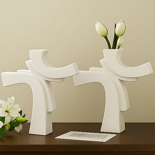 Asimetrik Form Beton Vazo – Minimal & Sanatsal Dekor Beyaz 2 Li