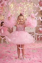 Kol Detaylı Ponponlu Tokalı Pembe Renk Çocuk Abiye