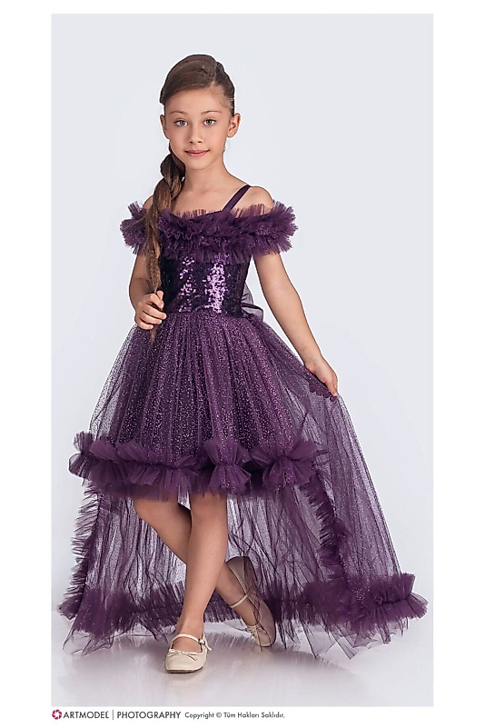 Mürdüm Renk Payetli Simli Kuyruklu Tarz Düğün Parti Çocuk Abiye Elbisesi