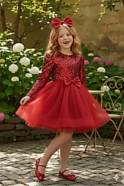 Kadife Payetli Uzun Kollu Kabarık Kırmızı Çocuk Abiye 2/12 yaş arası Abiye