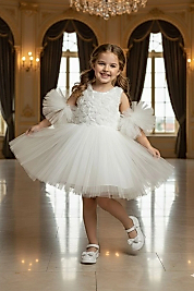 Ponponlu Kollu Gül Kabartmalı Çocuk Abiye Elbise