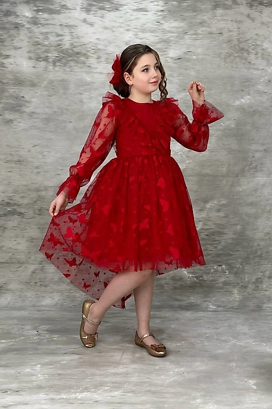 Kelebek Desenli Kuyruklu Uzun Kollu Kırmızı Çocuk Abiye Garsonboy 10/13 Yaş Arası