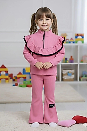 İspanyol Paça Yaka Detaylı Anaokulu Okul öncesi Kreşlik Pembe Çocuk Takım