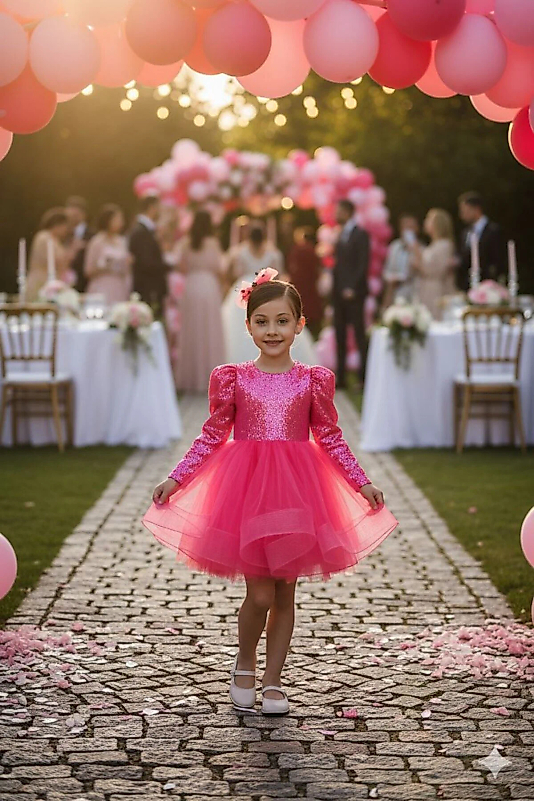 Pembe Balon Omuz Kollu Payetli Balo Gösteri Kıyafeti 23 Nisan Çocuk Abiyesi