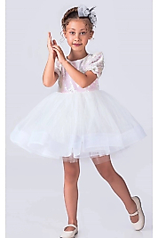 Beyaz Payetli Kısa Kollu Balo Gösteri Kıyafeti 23 Nisan Çocuk Abiyesi