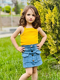 Sarı Renk Kız Çocuk Askı Badili Kot Etek Takımı