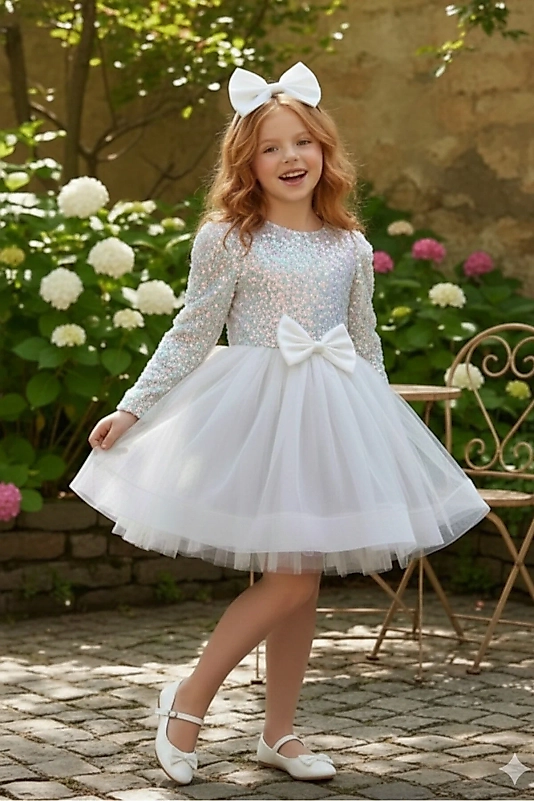 Kadife Payetli Uzun Kollu Kabarık Beyaz Çocuk Abiye 2/12 yaş arası abiye