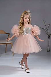 Kol Detaylı Ponponlu Tokalı Pudra Renk Çocuk Abiye