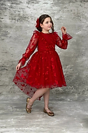 Kelebek Desenli Kuyruklu Uzun Kollu Kırmızı Çocuk Abiye Garsonboy 10/13 Yaş Arası