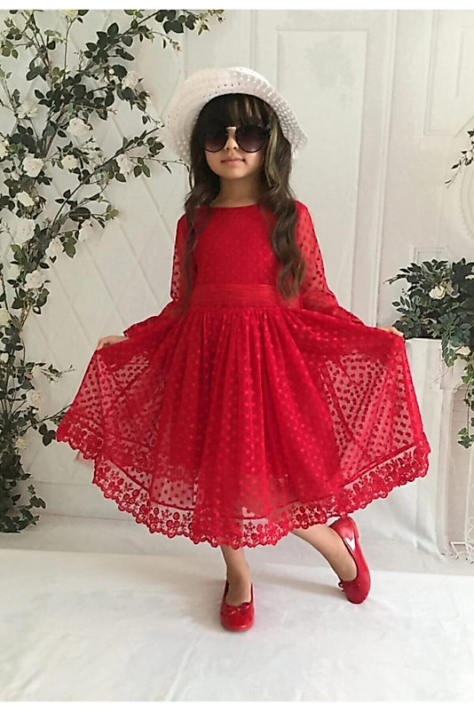 Şapkalı, Güpürlü, Prenses Model Kız Çoçuk Elbisesi