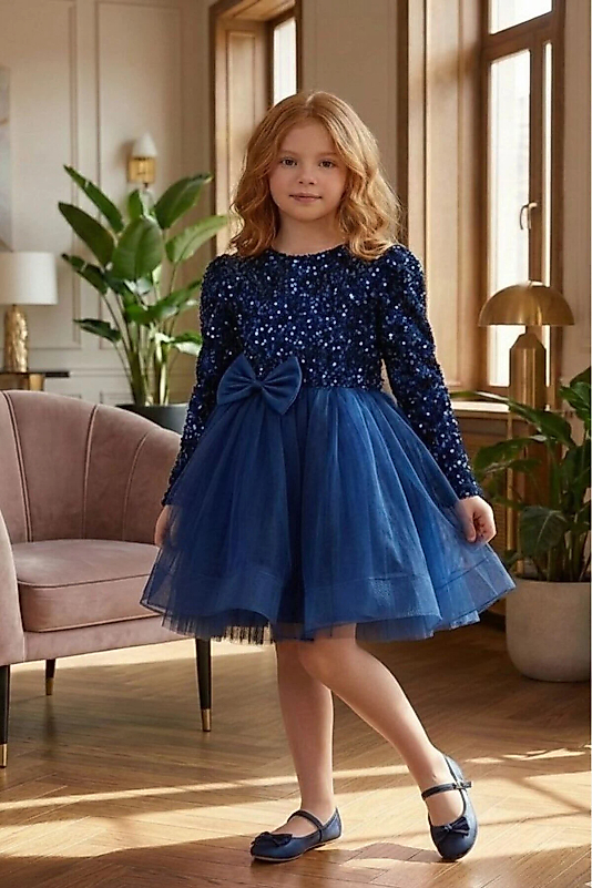 Kadife Payetli Uzun Kollu Kabarık Lacivert Çocuk Abiye 2/12 yaş arası abiye