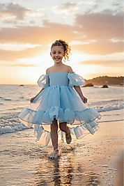 Kloş Madonna Yaka Kabarık Şifon Lüx Mavi Çocuk Abiye