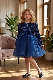 Kadife Payetli Uzun Kollu Kabarık Lacivert Çocuk Abiye 2/12 yaş arası abiye