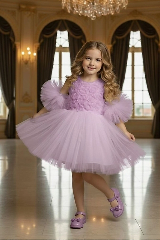 Ponponlu Kollu Gül Kabartmalı Çocuk Abiye Elbise