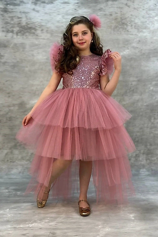 Pullu Katkat Kuyruklu Gülkurusu Rengi Tarz Çocuk Abiye