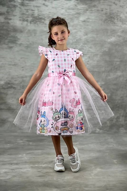 Labubu Karakterli Tül Detaylı Çocuk ELbise Pembe