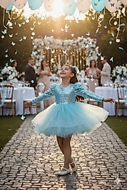 Turkuaz Balon Omuz Kollu Payetli Balo Gösteri Kıyafeti