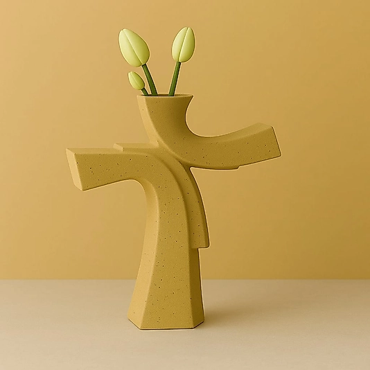 Asimetrik Form Beton Vazo – Minimal & Sanatsal Dekor Sarı