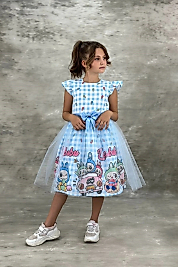 Labubu Karakterli Tül Detaylı Çocuk ELbise Mavi