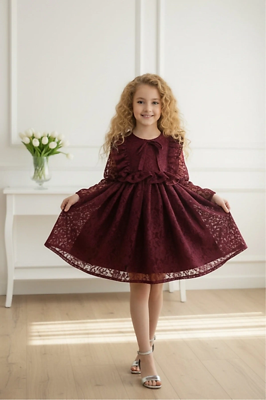 Bordo Renk Dantelli Midi Boy Çocuk Abiye