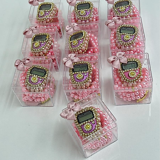 Özel tasarım hediye kutusunda taşlı zikirmatik ve inci tesbih