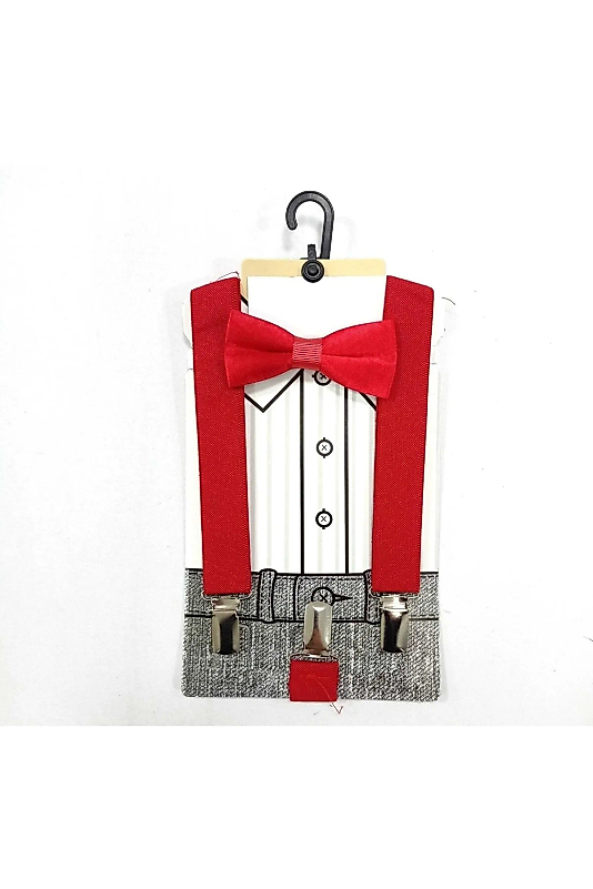Çocuk Kırmızı Papyon Pantalon Askı Seti