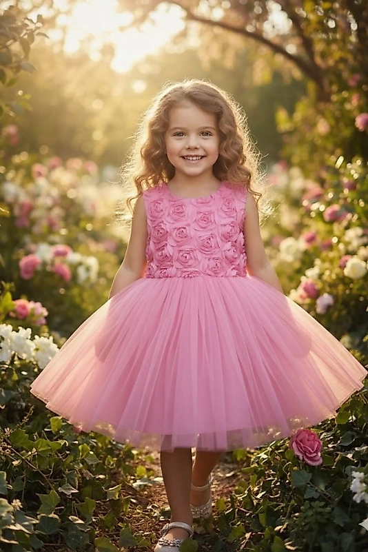 3D Gül Kabartmalı Tüllü Pembe Çocuk Abiye 2/12 yaş arası Abiye