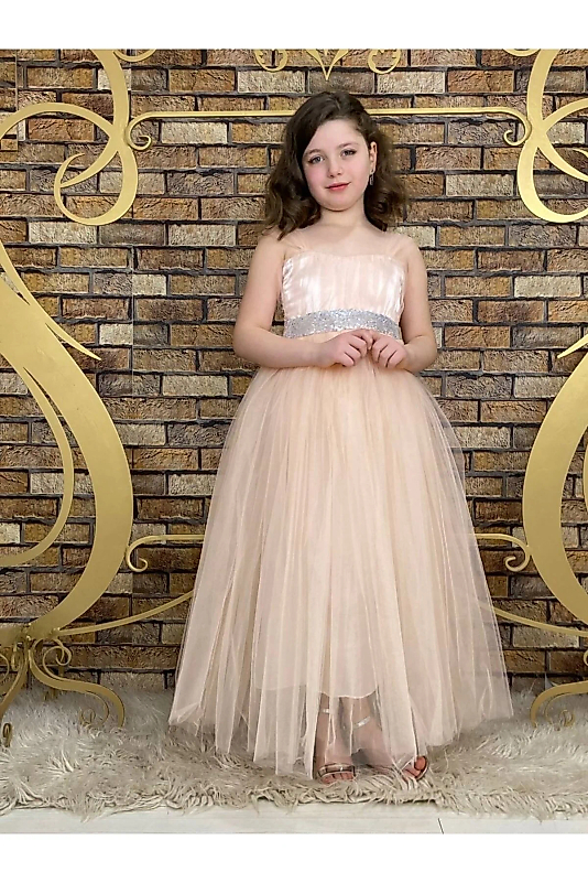 Somon Beli Pul Detaylı Tam Boy Çocuk Abiye Gösteri ve Parti Elbisesi