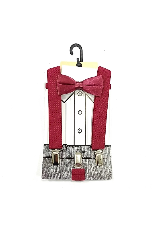 Çocuk Bordo Papyon Pantalon Askı Seti