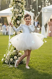 Beyaz Balon Omuz Kollu Payetli Balo Gösteri Kıyafeti 23 Nisan Çocuk Abiyesi