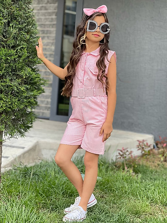 Pembe Renk Kemerli Toka Hediyeli Kısa Tulum Kombin