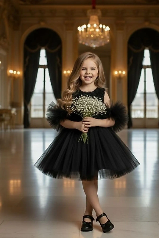 Ponponlu Kollu Gül Kabartmalı Çocuk Abiye Elbise