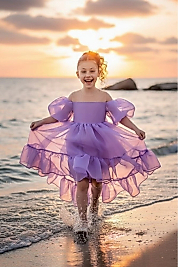 Kloş Madonna Yaka Kabarık Şifon Lüx Lila Çocuk Abiye